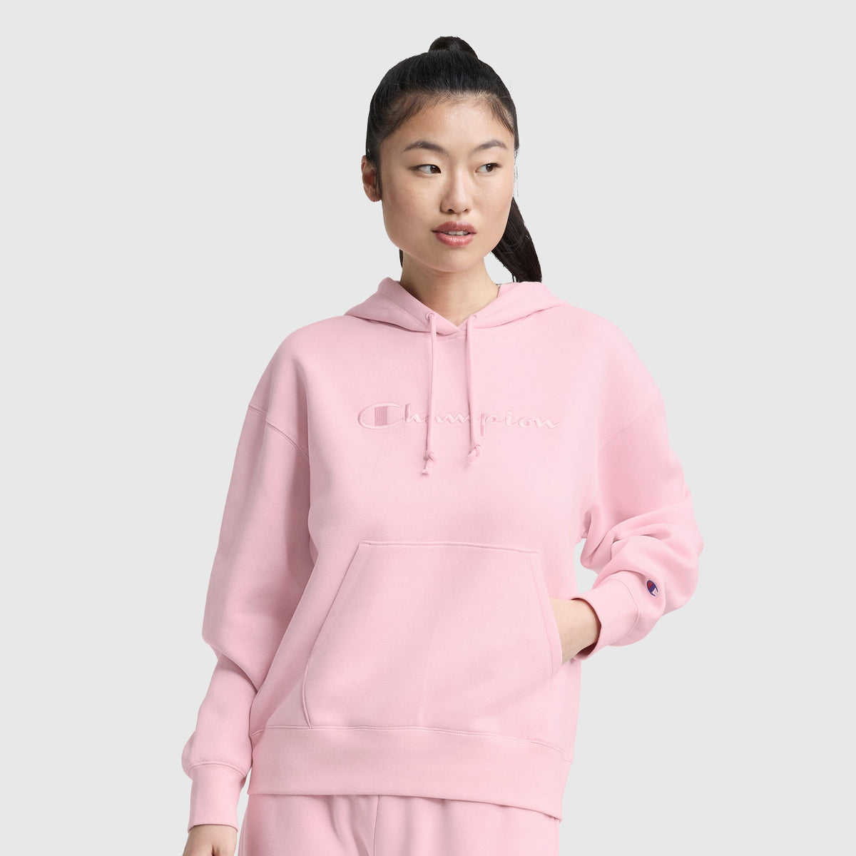 Champion Powerblend Freshman Hoodie, Embroidered Script Logo - Rose Shadow