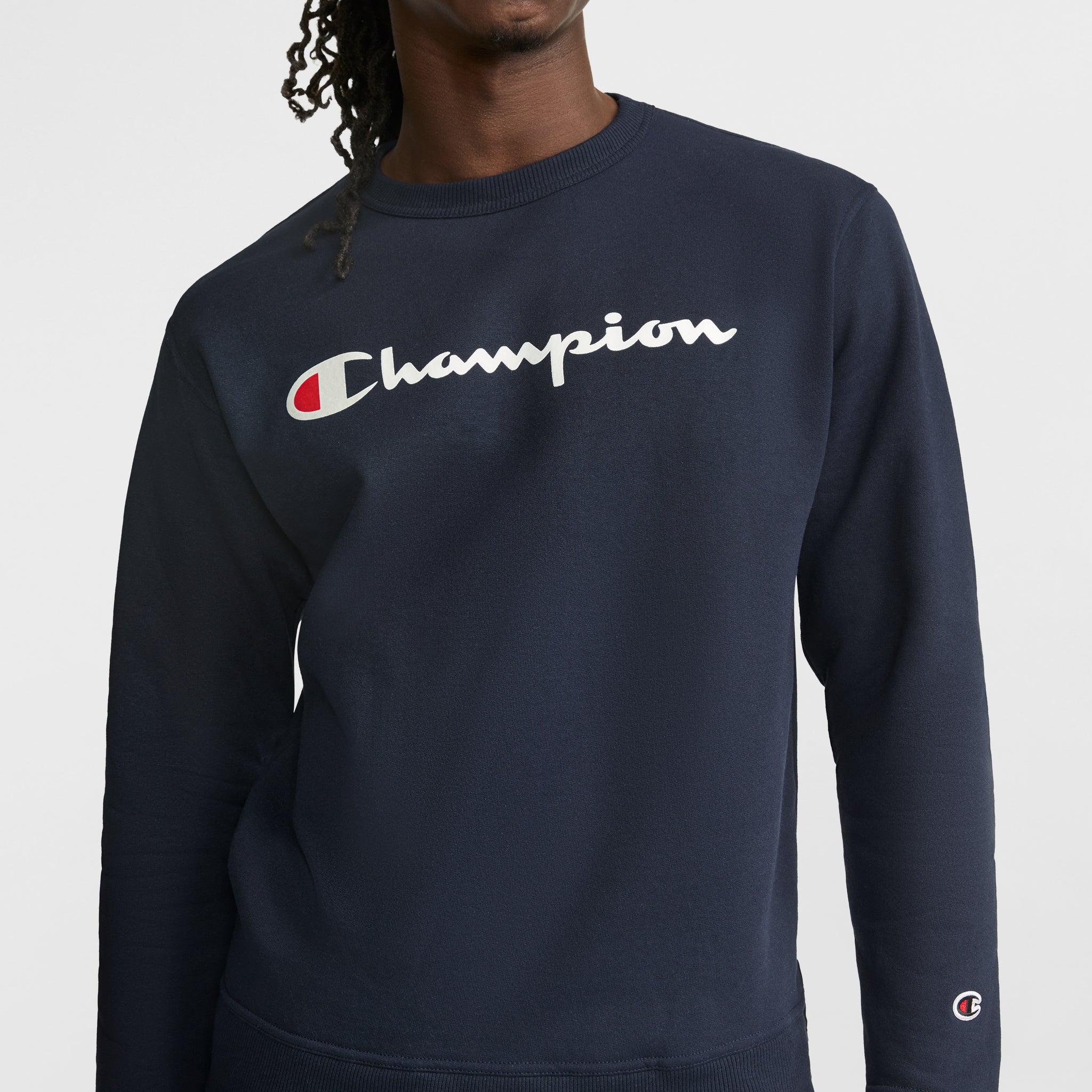 Champion Powerblend Crewneck Sweatshirt, Script Logo - Deep Navy