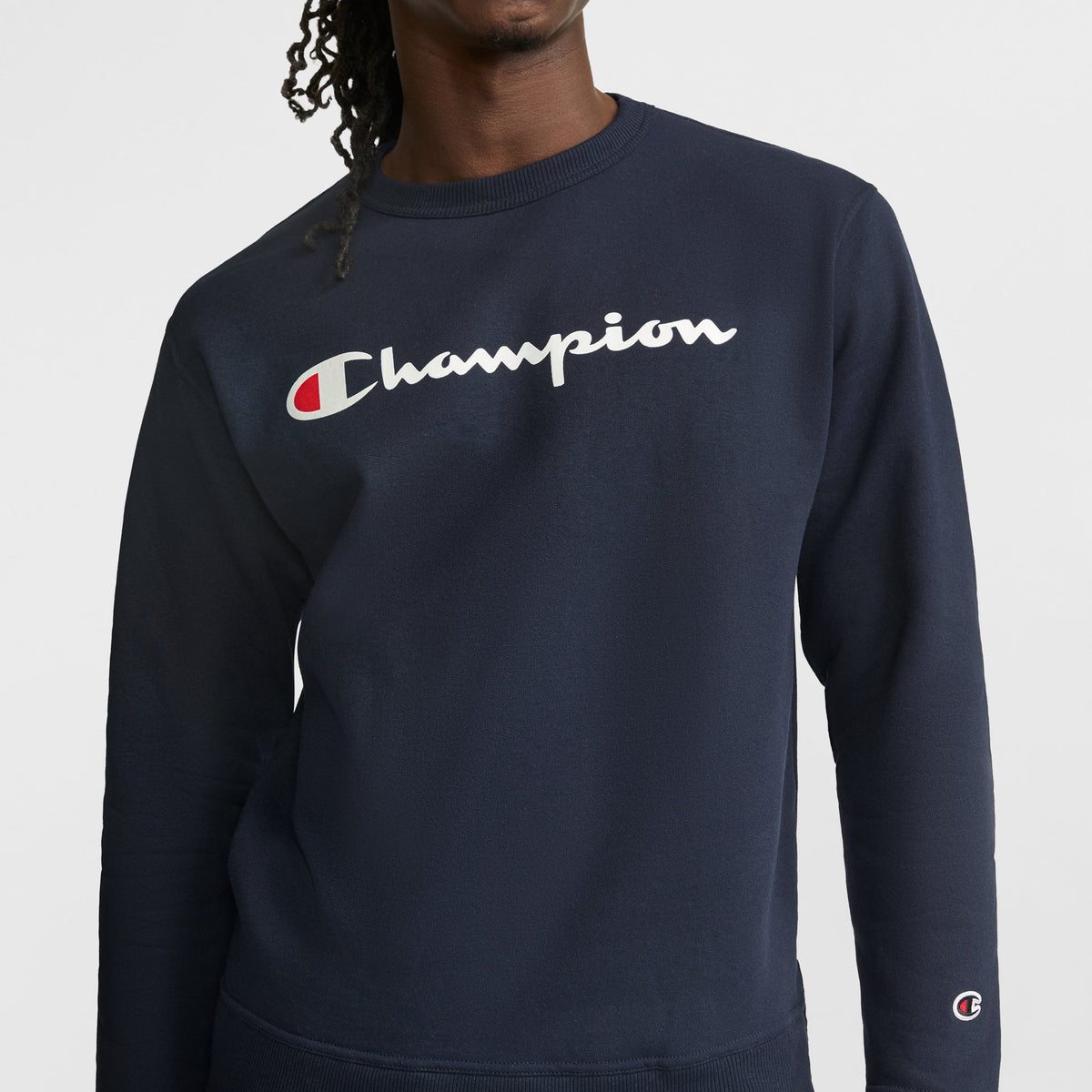 Champion Powerblend Crewneck Sweatshirt, Script Logo - Deep Navy