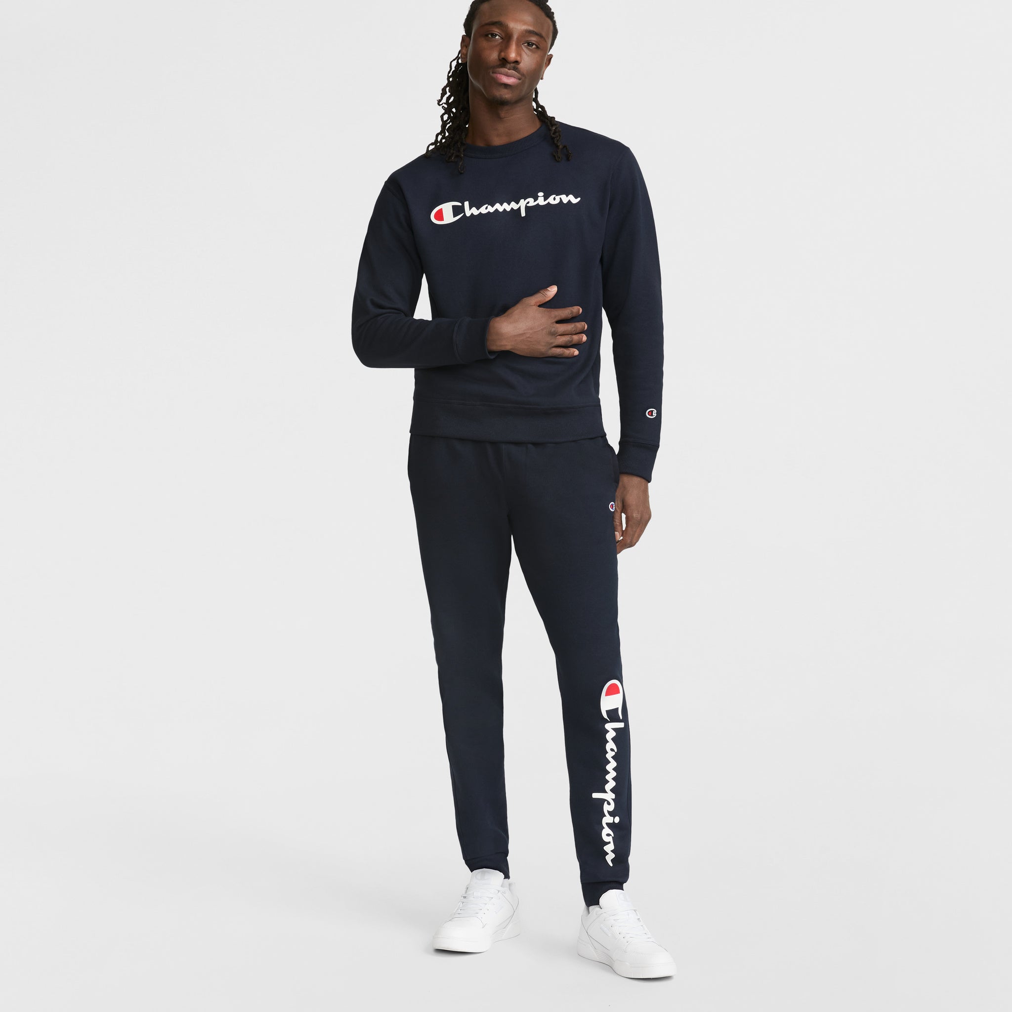 Champion Powerblend Crewneck Sweatshirt, Script Logo - Deep Navy