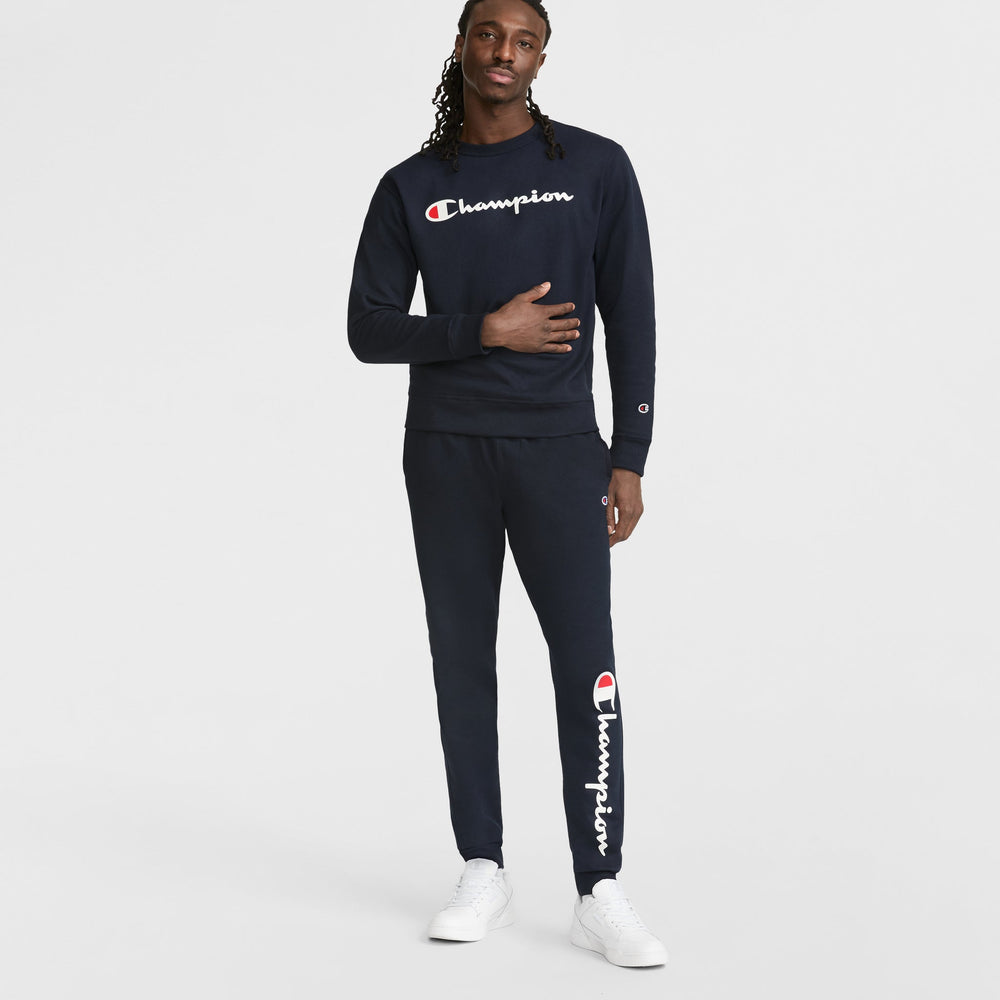 Champion Powerblend Crewneck Sweatshirt, Script Logo - Deep Navy