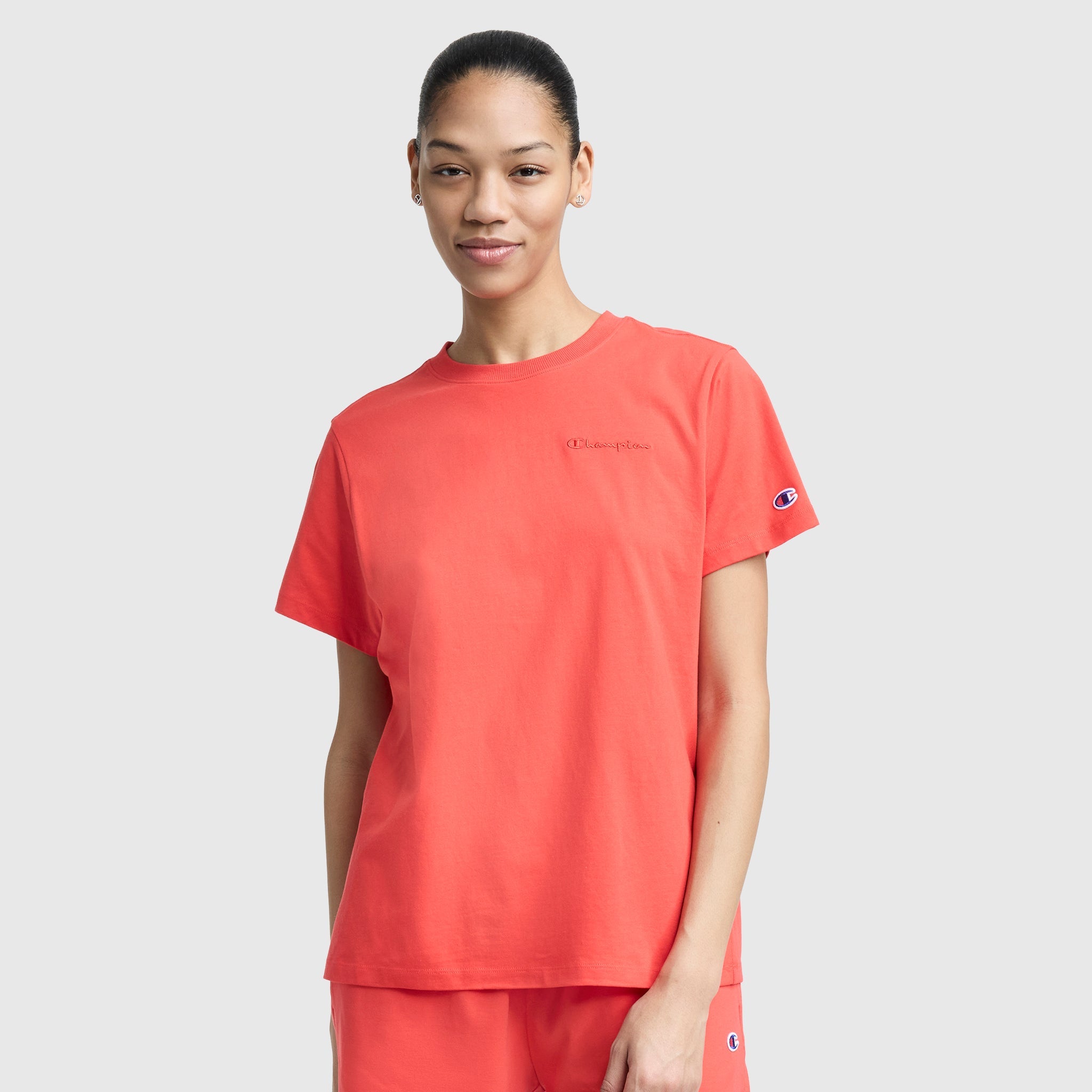 Champion Classic T-Shirt, Tonal Left Chest Script - Poppy Red