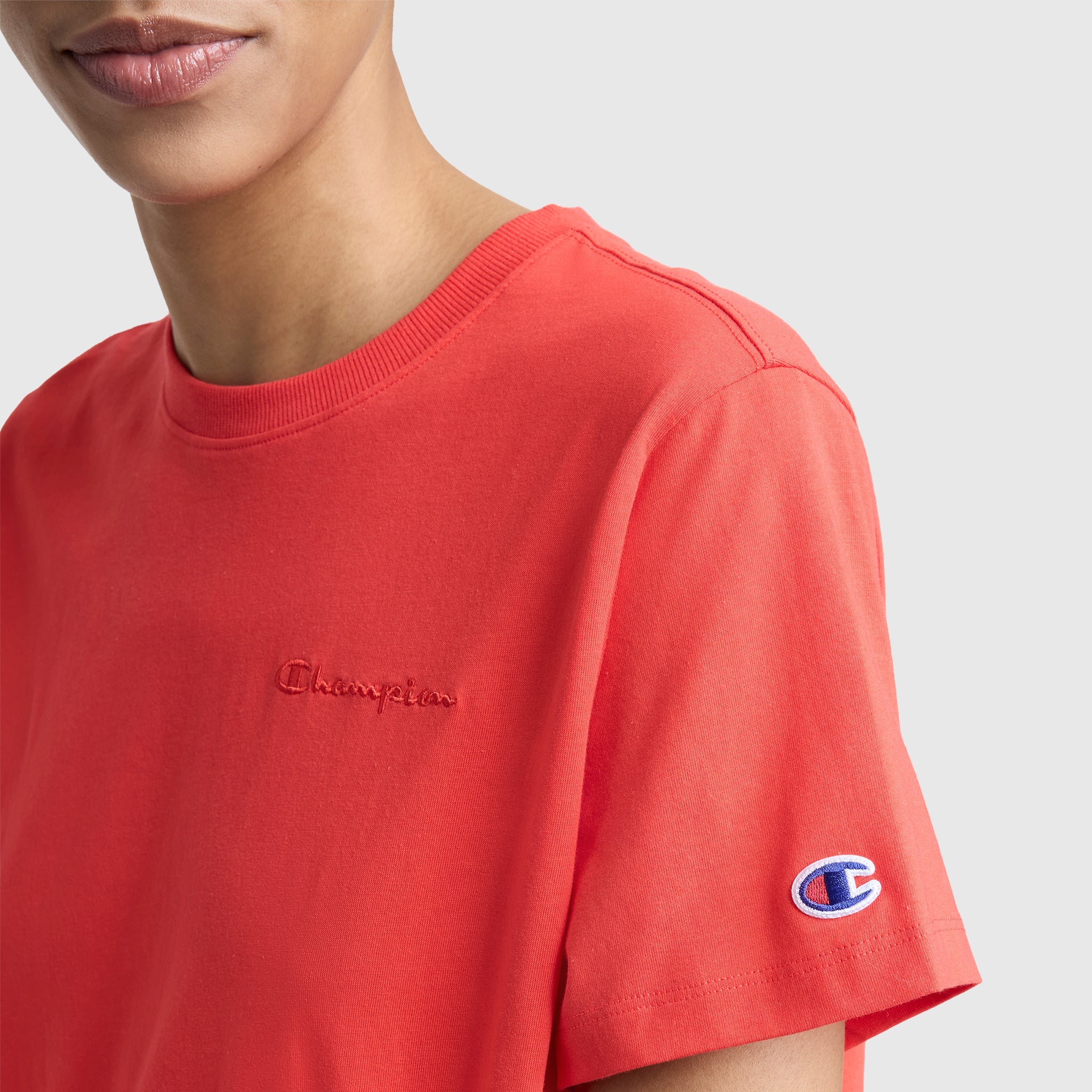 Champion Classic T-Shirt, Tonal Left Chest Script - Poppy Red