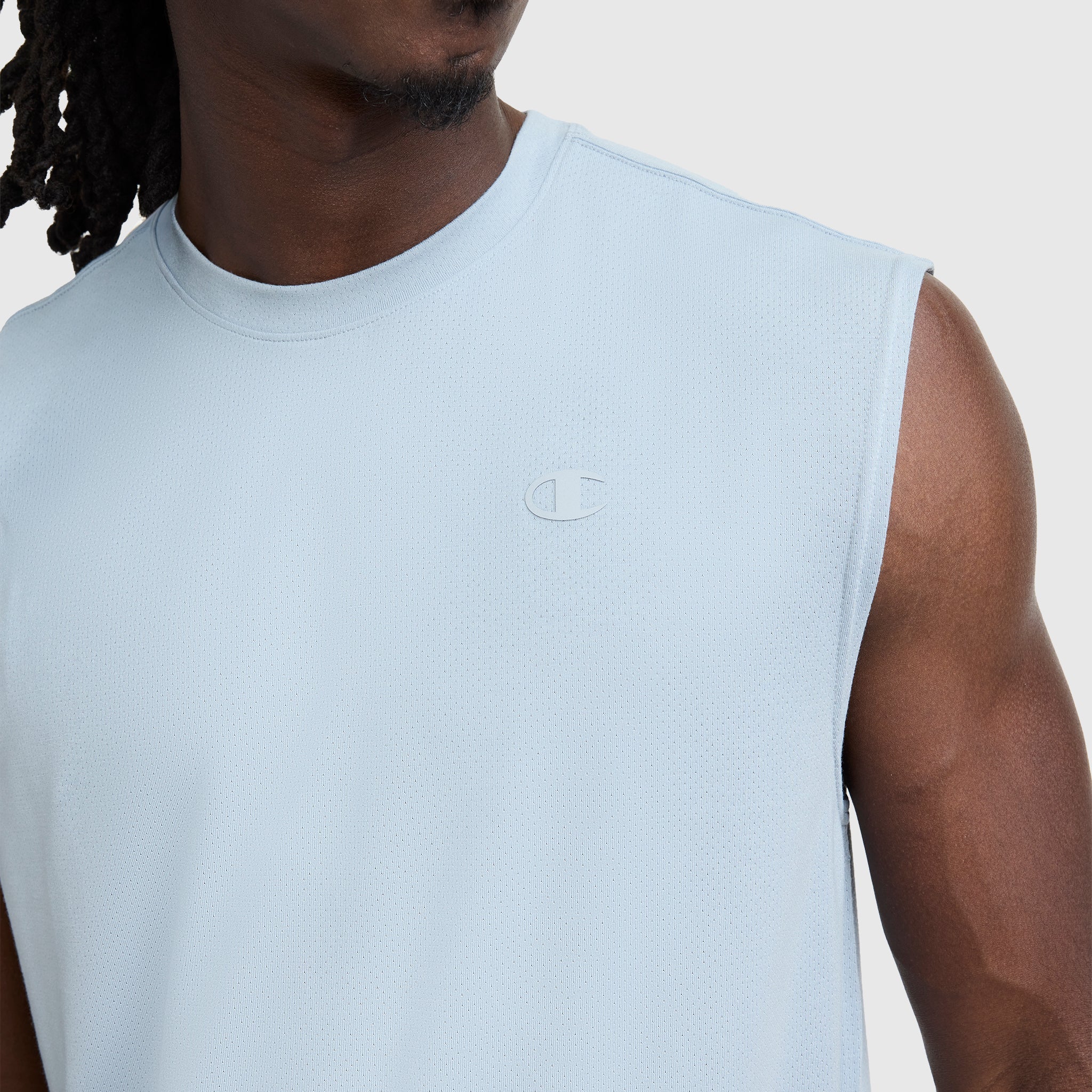 Champion Sport Crewneck Muscle Tee, Script Logo - Quarry