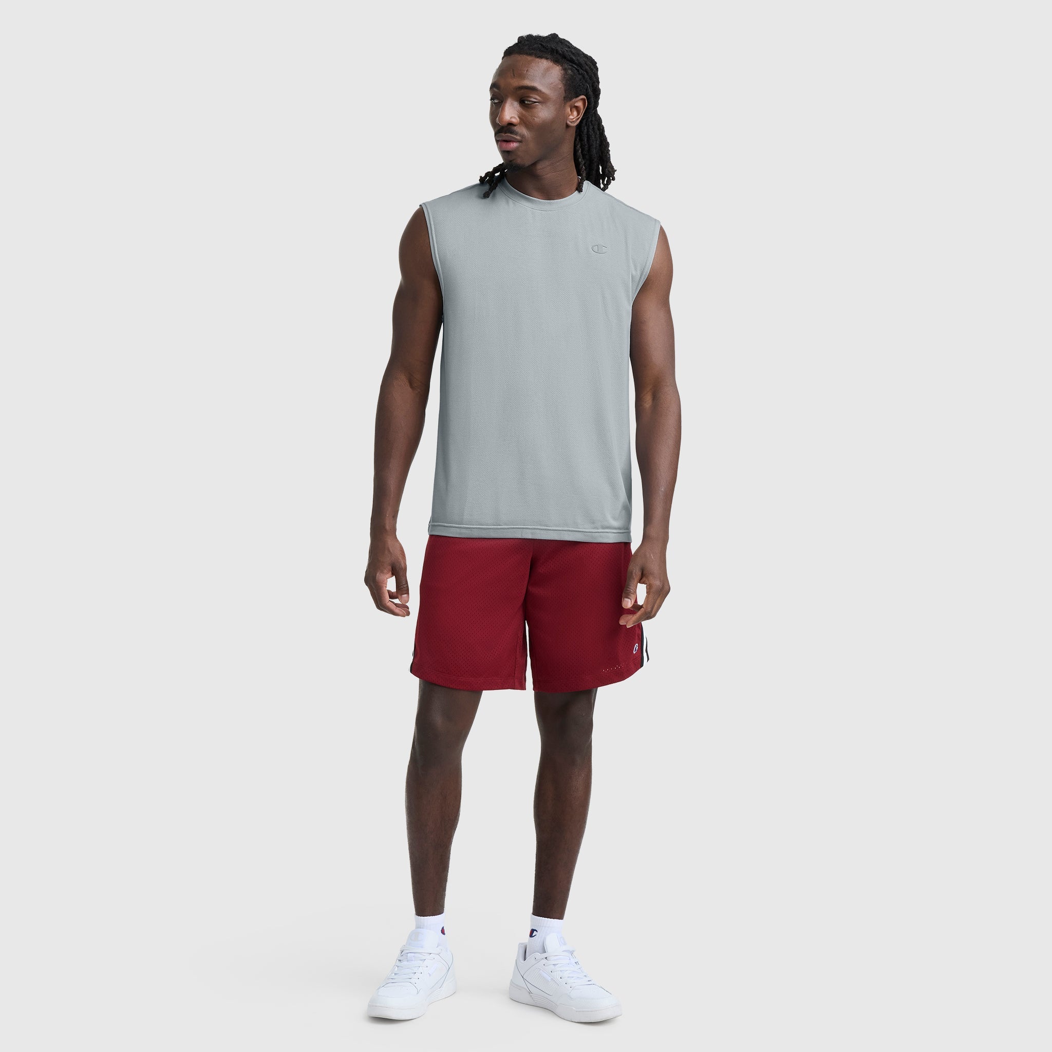 Champion Sport Crewneck Muscle Tee, Script Logo - Quarry