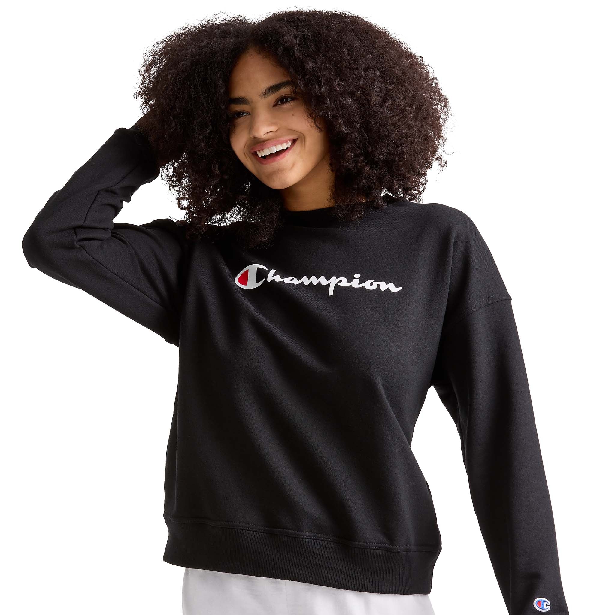Champion Powerblend Crewneck Sweatshirt, Script Logo - Black