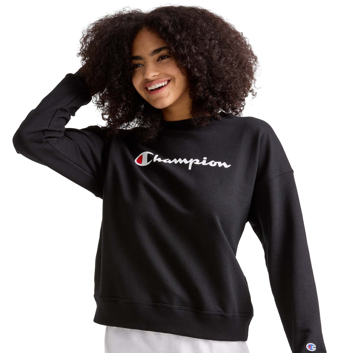 Champion Powerblend Crewneck Sweatshirt, Script Logo - Black