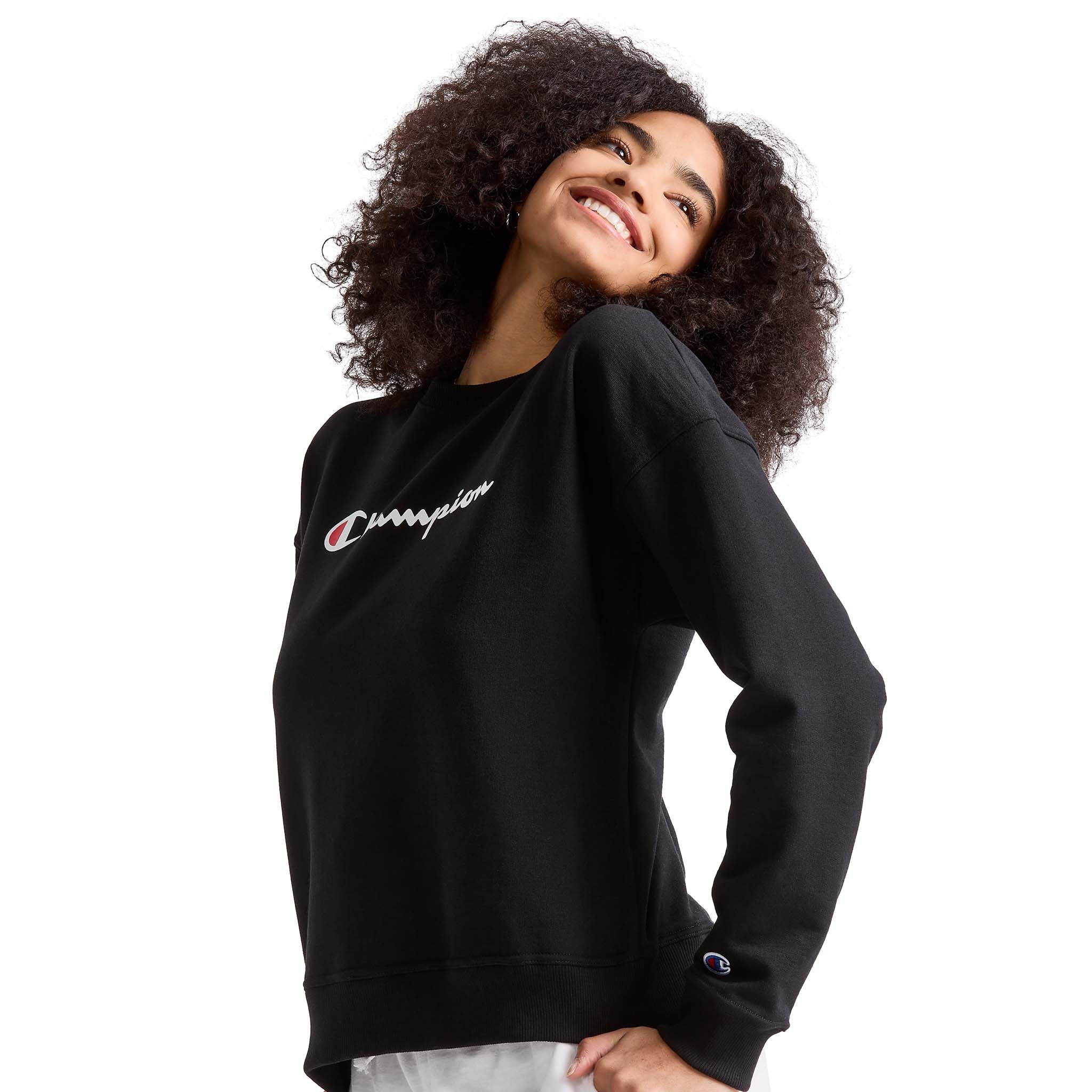Champion Powerblend Crewneck Sweatshirt, Script Logo - Black