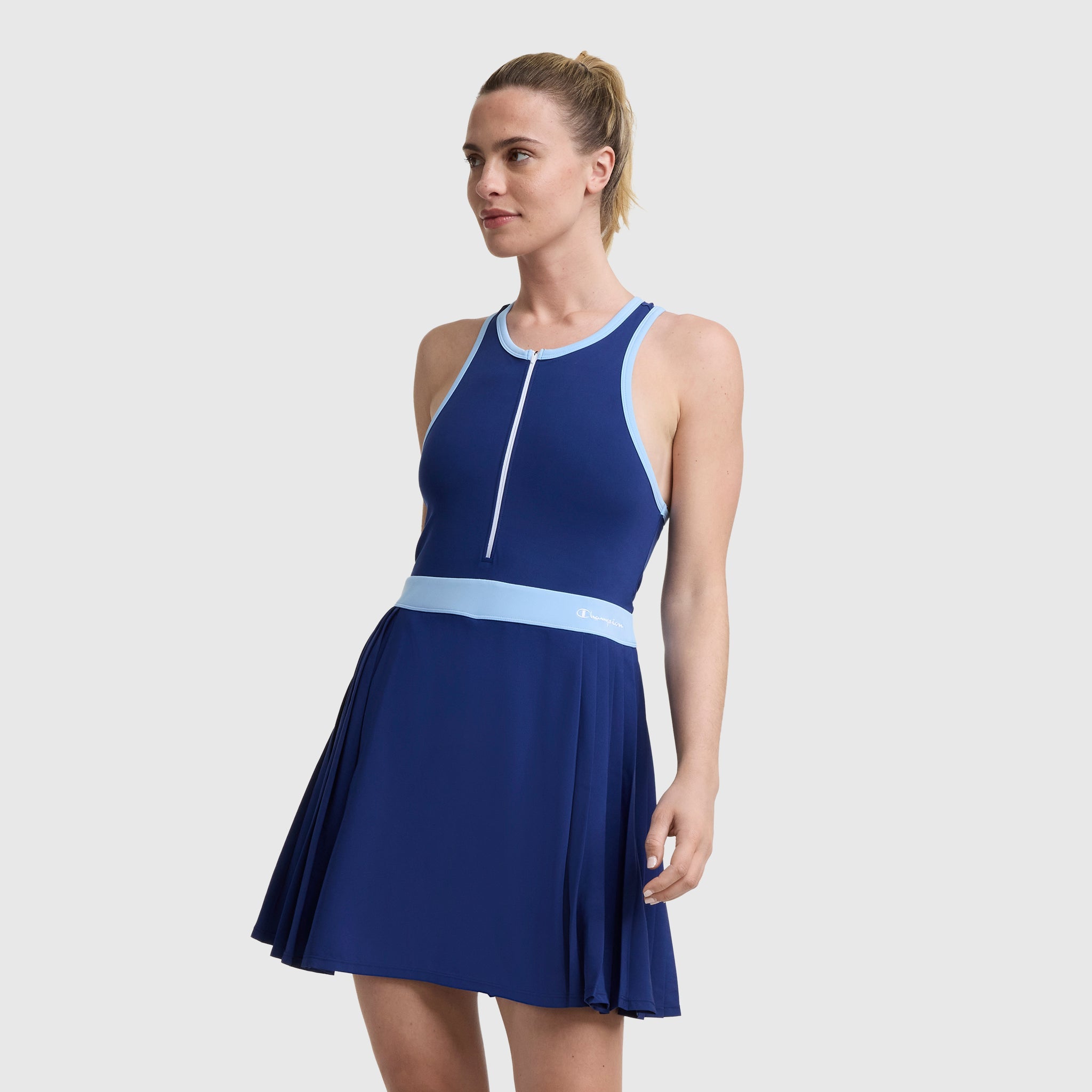 Champion Match Point Tennis Dress, Embroidered Script Logo - Blue Depth