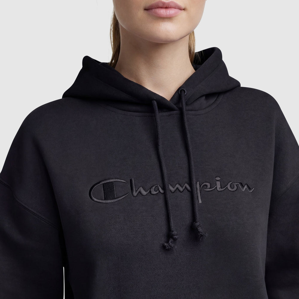 Champion Powerblend Hoodie, Relaxed, Full Embroidered Script Logo - Black