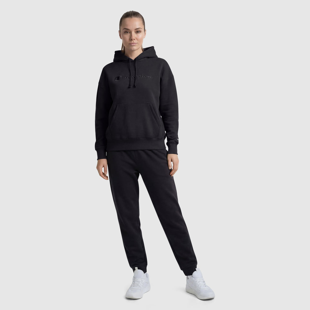 Champion Powerblend Hoodie, Relaxed, Full Embroidered Script Logo - Black