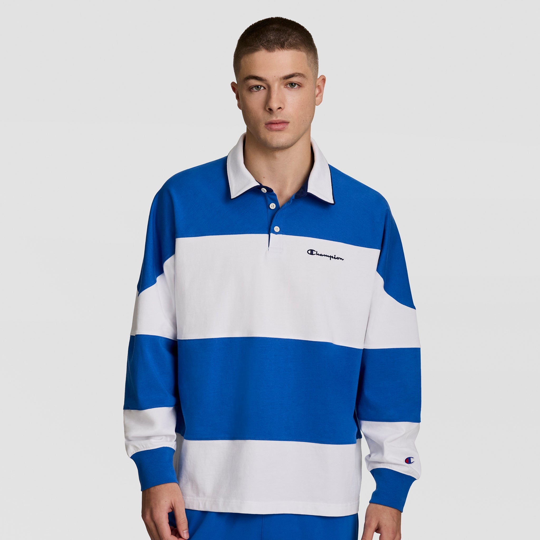 Champion Gridiron Blocked Long Sleeve Rugby, Script Logo - Nebulas Blue