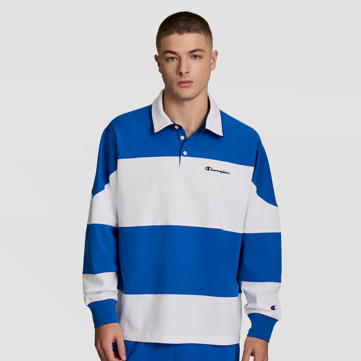 Champion Gridiron Blocked Long Sleeve Rugby, Script Logo - Nebulas Blue