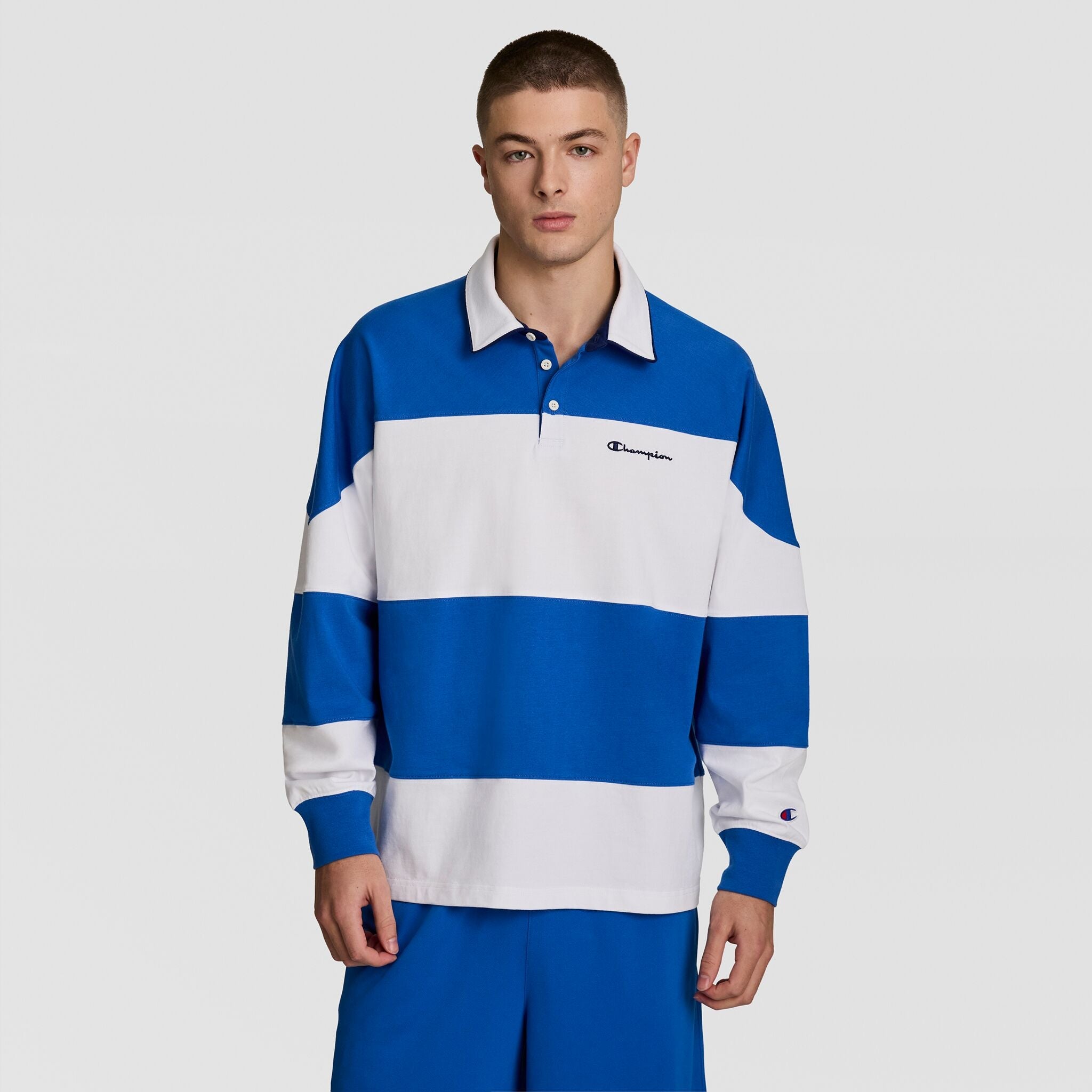 Champion Gridiron Blocked Long Sleeve Rugby, Script Logo - Nebulas Blue