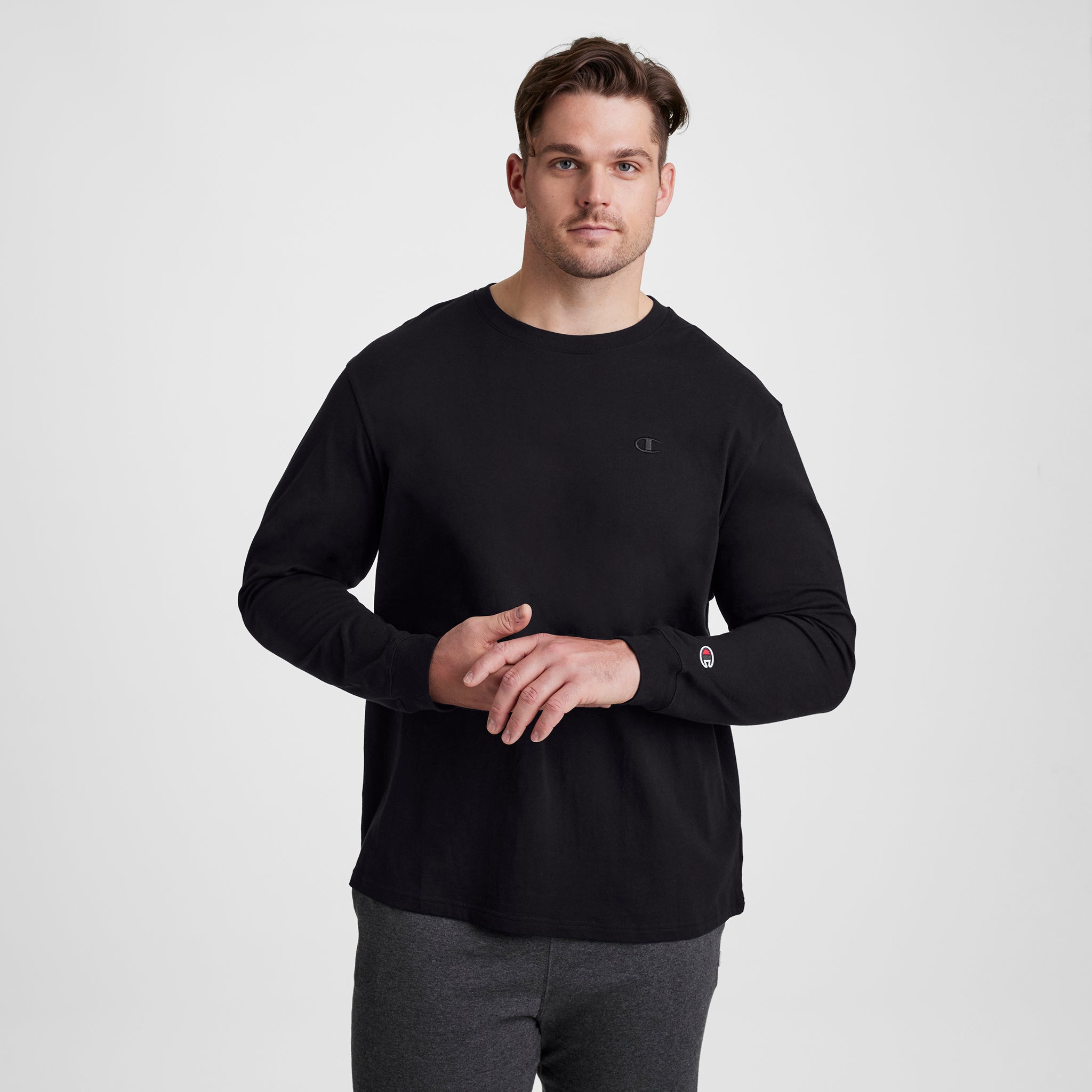 Champion Classic Long-Sleeve T-Shirt, Embroidered C Logo - Big & Tall - Black