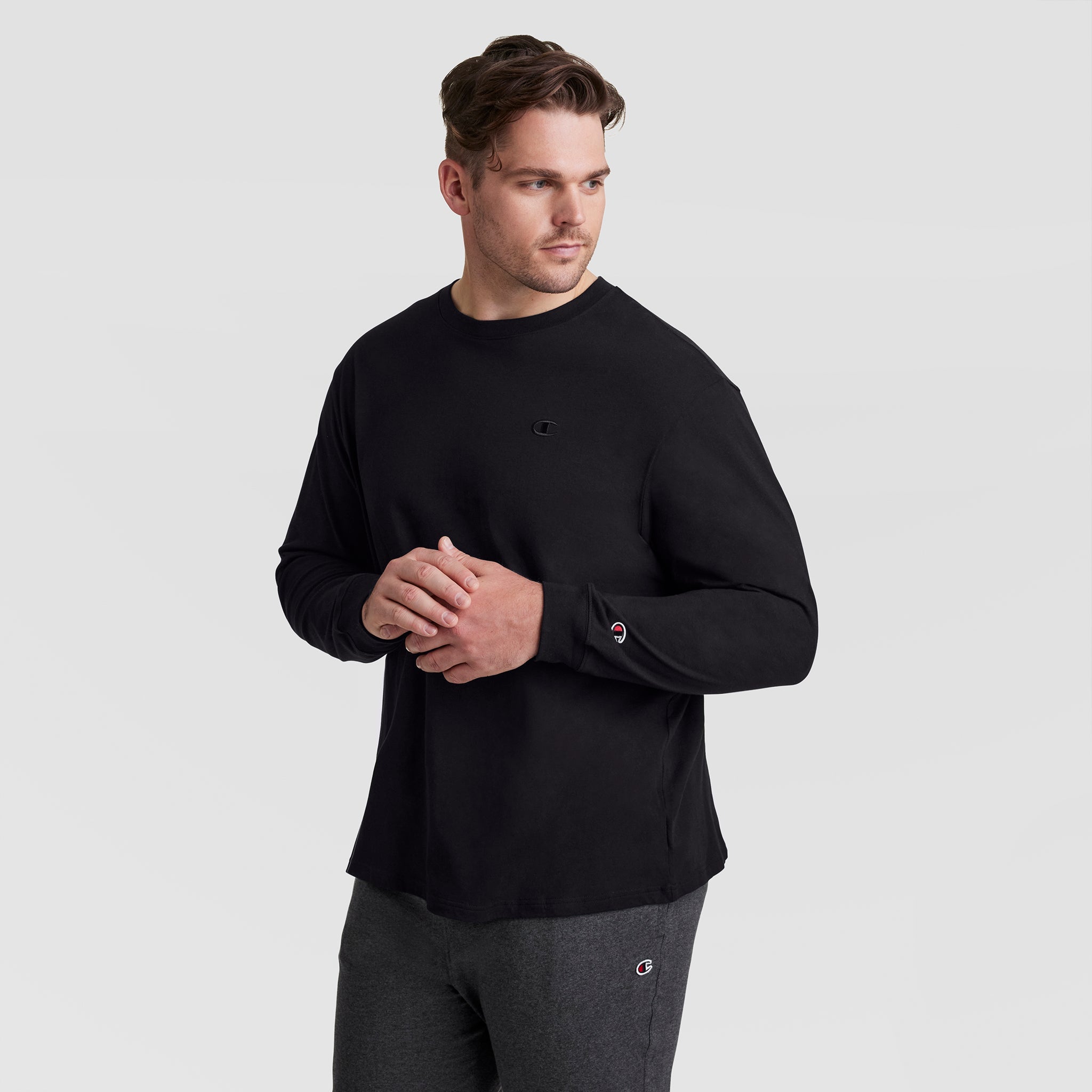 Champion Classic Long-Sleeve T-Shirt, Embroidered C Logo - Big & Tall - Black