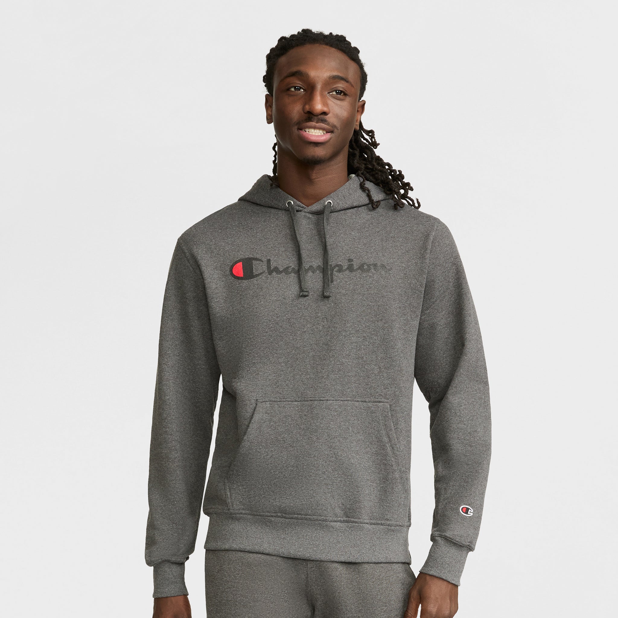 Champion Powerblend Hoodie, Full Script Logo - Granite Heather