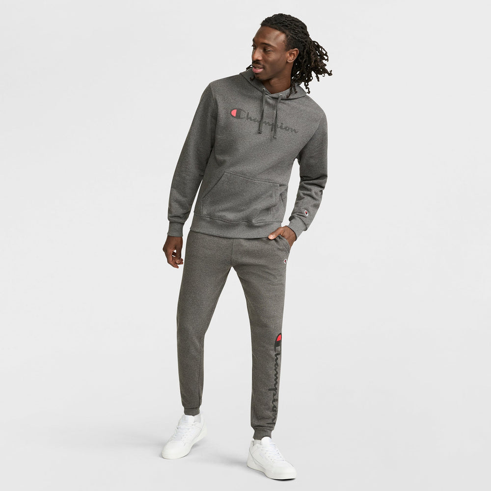 Champion Powerblend Hoodie, Full Script Logo - Granite Heather