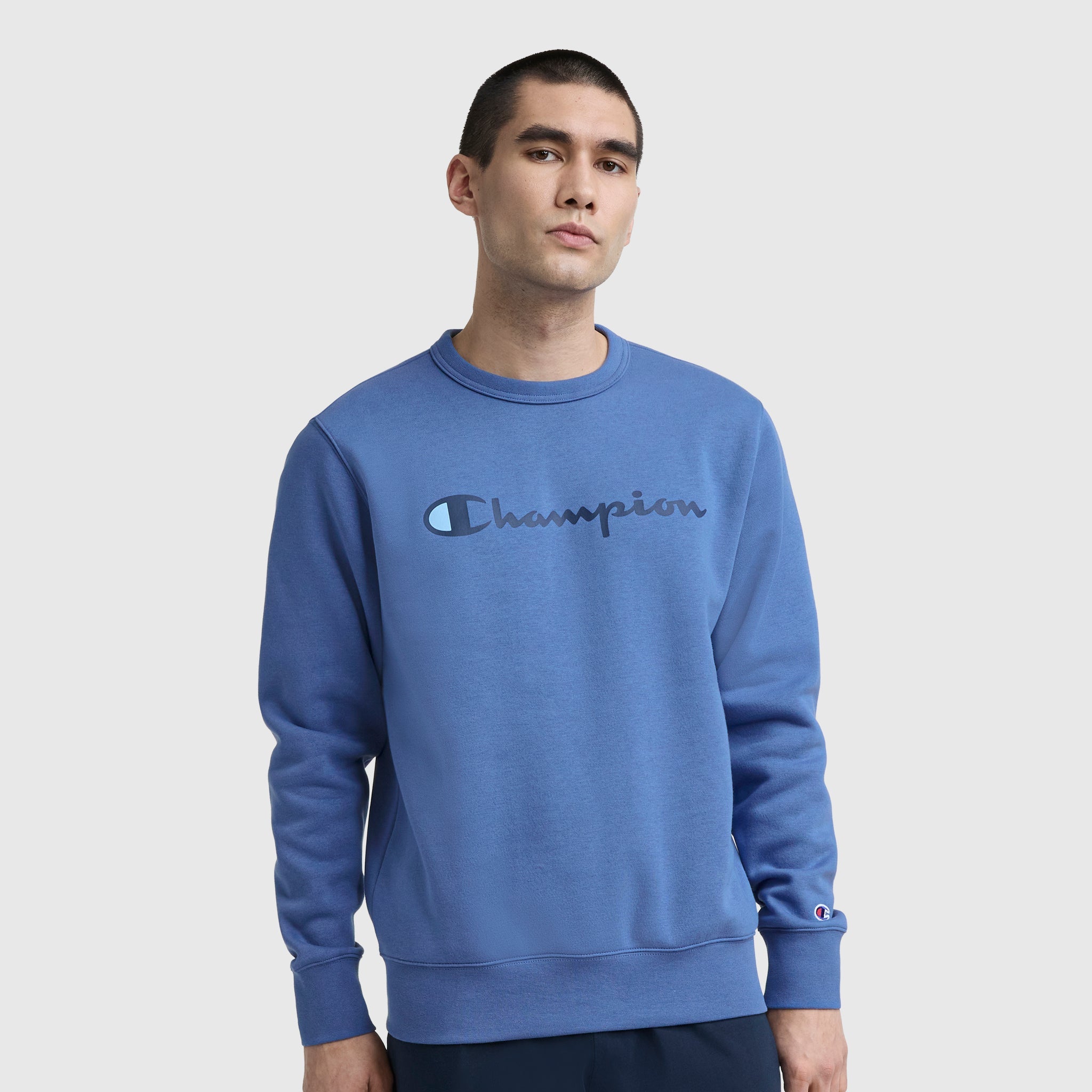 Champion Powerblend Crewneck Sweatshirt, Script Logo - Coastal Fjord