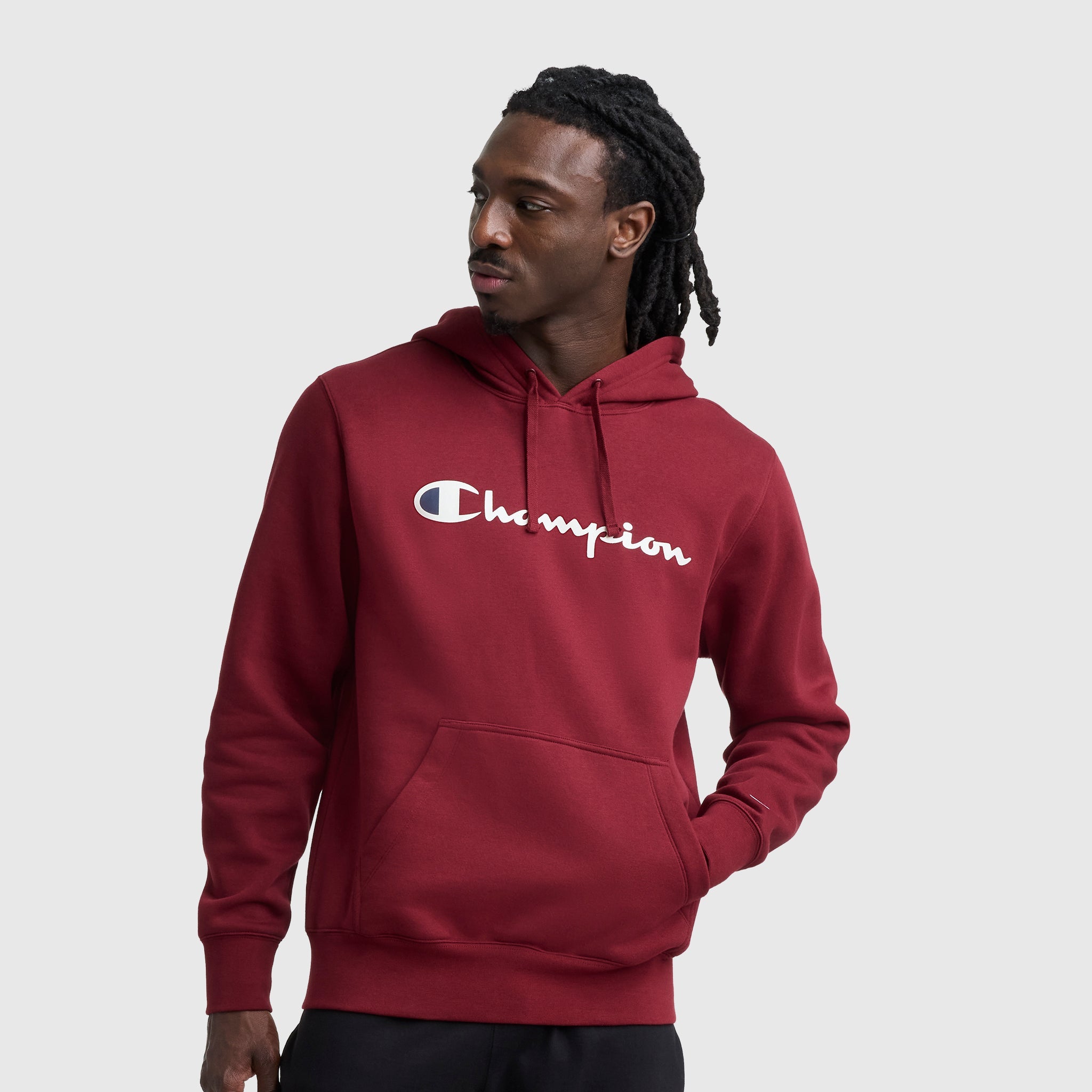 Champion Powerblend Hoodie, Full Script Logo - Pomegranate