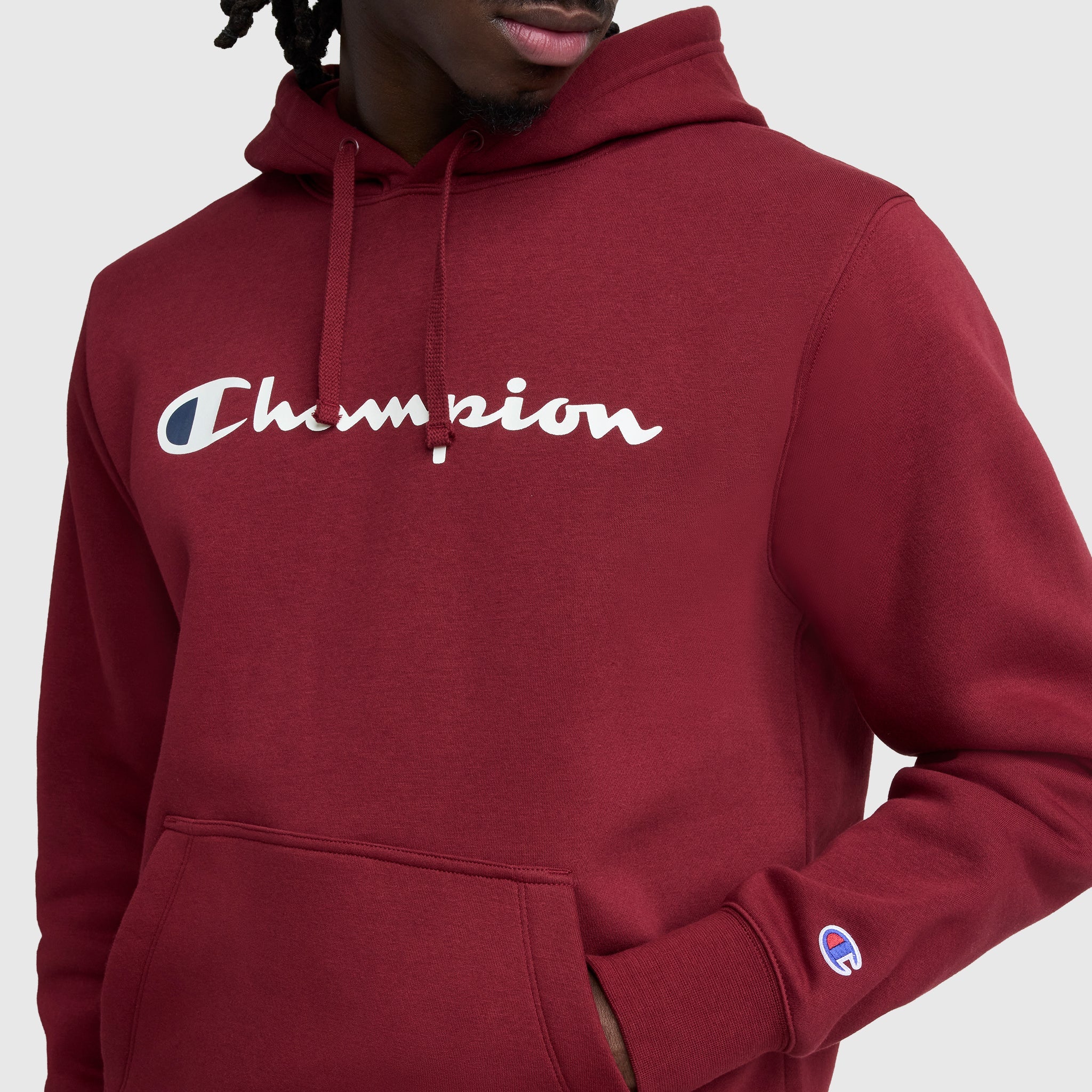 Champion Powerblend Hoodie, Full Script Logo - Pomegranate