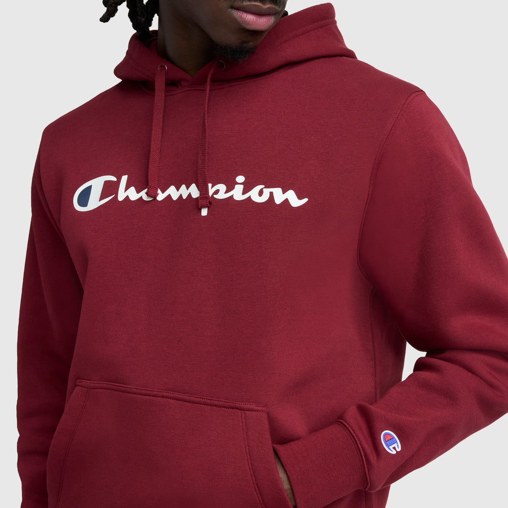 Champion Powerblend Hoodie, Full Script Logo - Pomegranate
