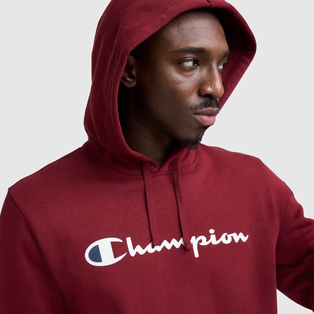 Champion Powerblend Hoodie, Full Script Logo - Pomegranate