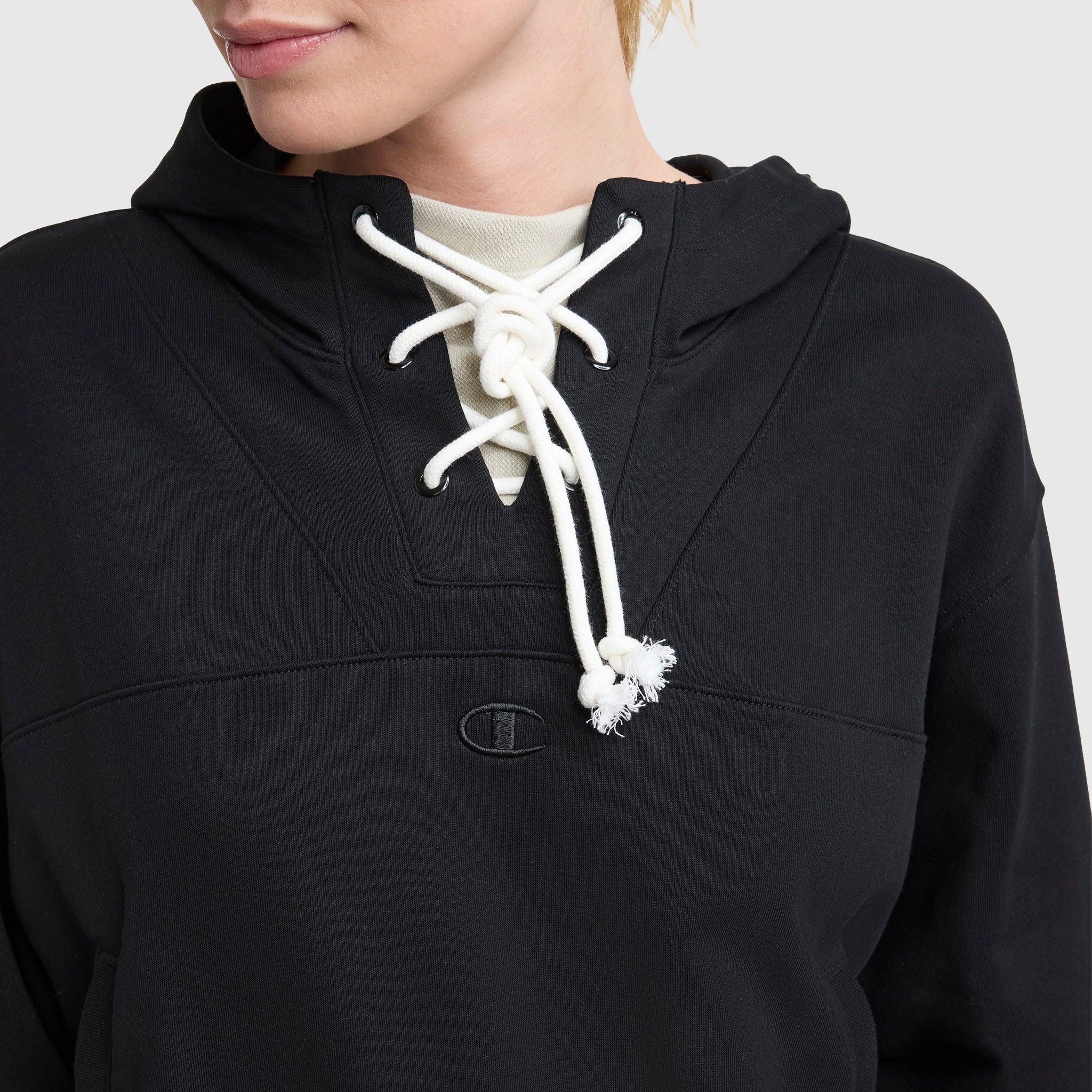 Champion Tackle Lace Front Hoodie, Tonal Embroidered C Logo - Black