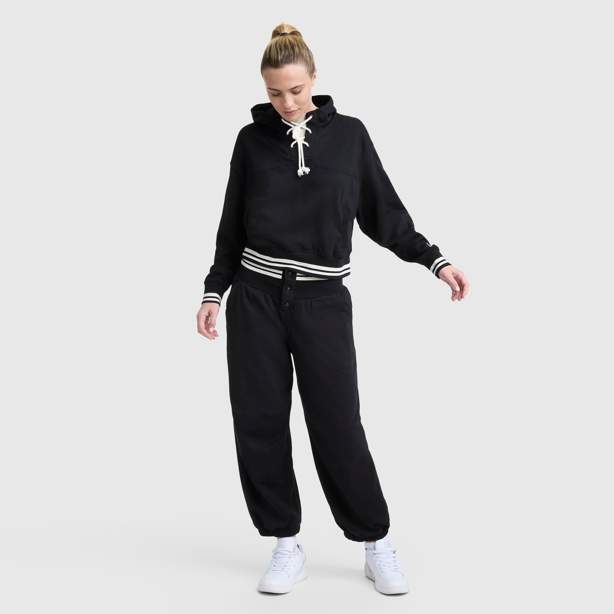 Champion Tackle Lace Front Hoodie, Tonal Embroidered C Logo - Black