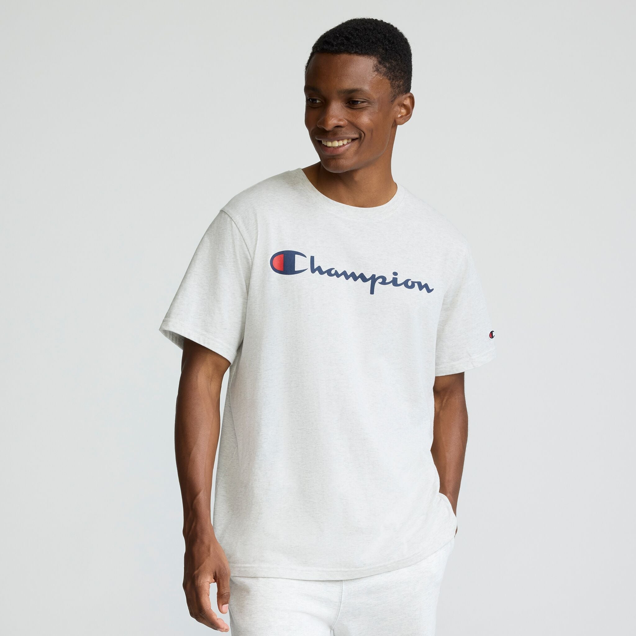 Champion Classic Graphic T-Shirt, Script Logo - Platinum Silver Heather