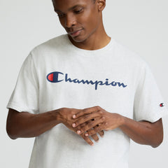 Champion Classic Graphic T-Shirt, Script Logo - Platinum Silver Heather