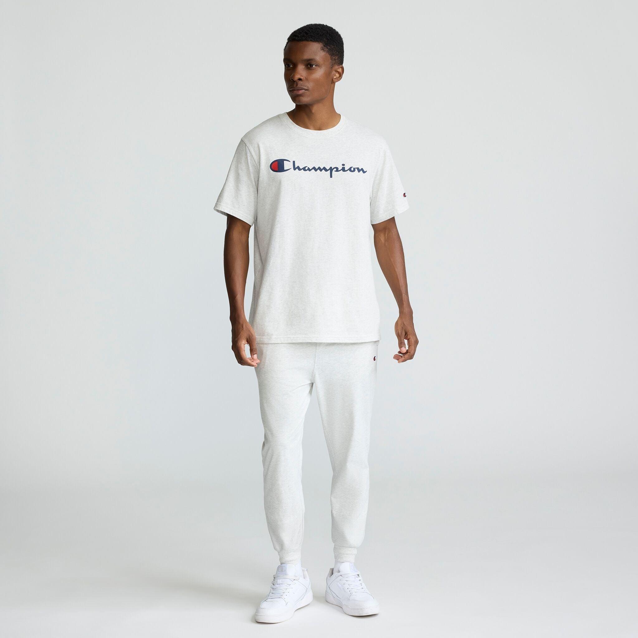 Champion Classic Graphic T-Shirt, Script Logo - Platinum Silver Heather