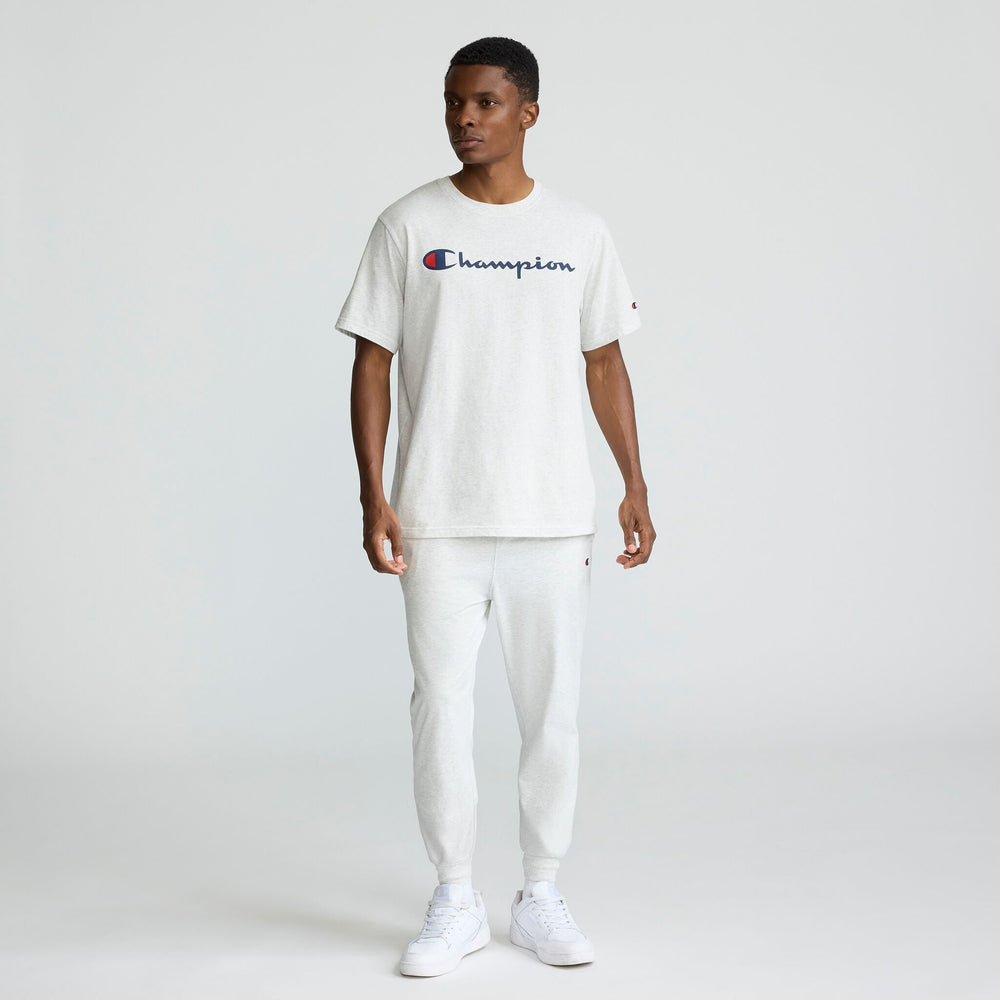 Champion Classic Graphic T-Shirt, Script Logo - Platinum Silver Heather