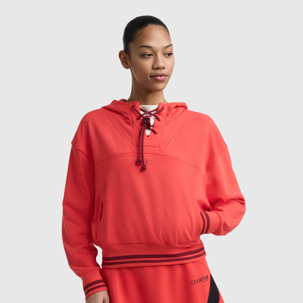 Champion Tackle Lace Front Hoodie, Tonal Embroidered C Logo - Poppy Red