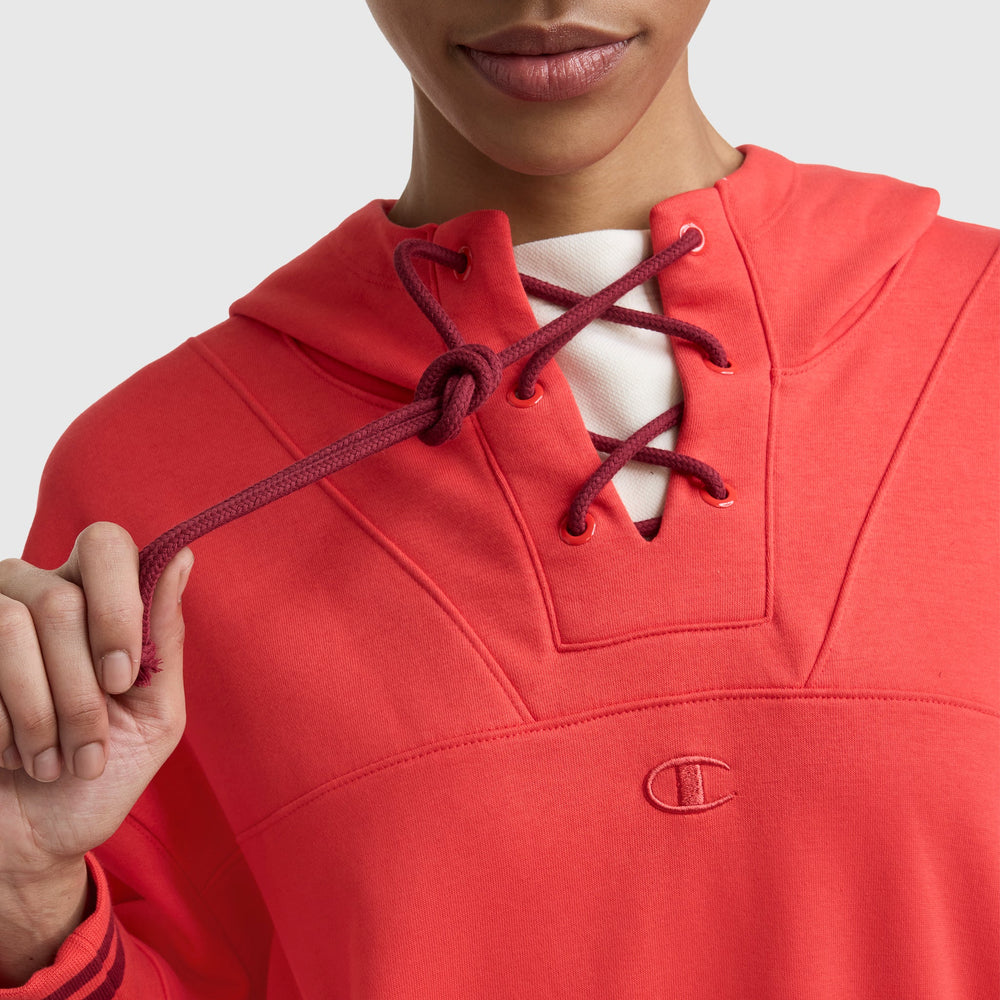 Champion Tackle Lace Front Hoodie, Tonal Embroidered C Logo - Poppy Red
