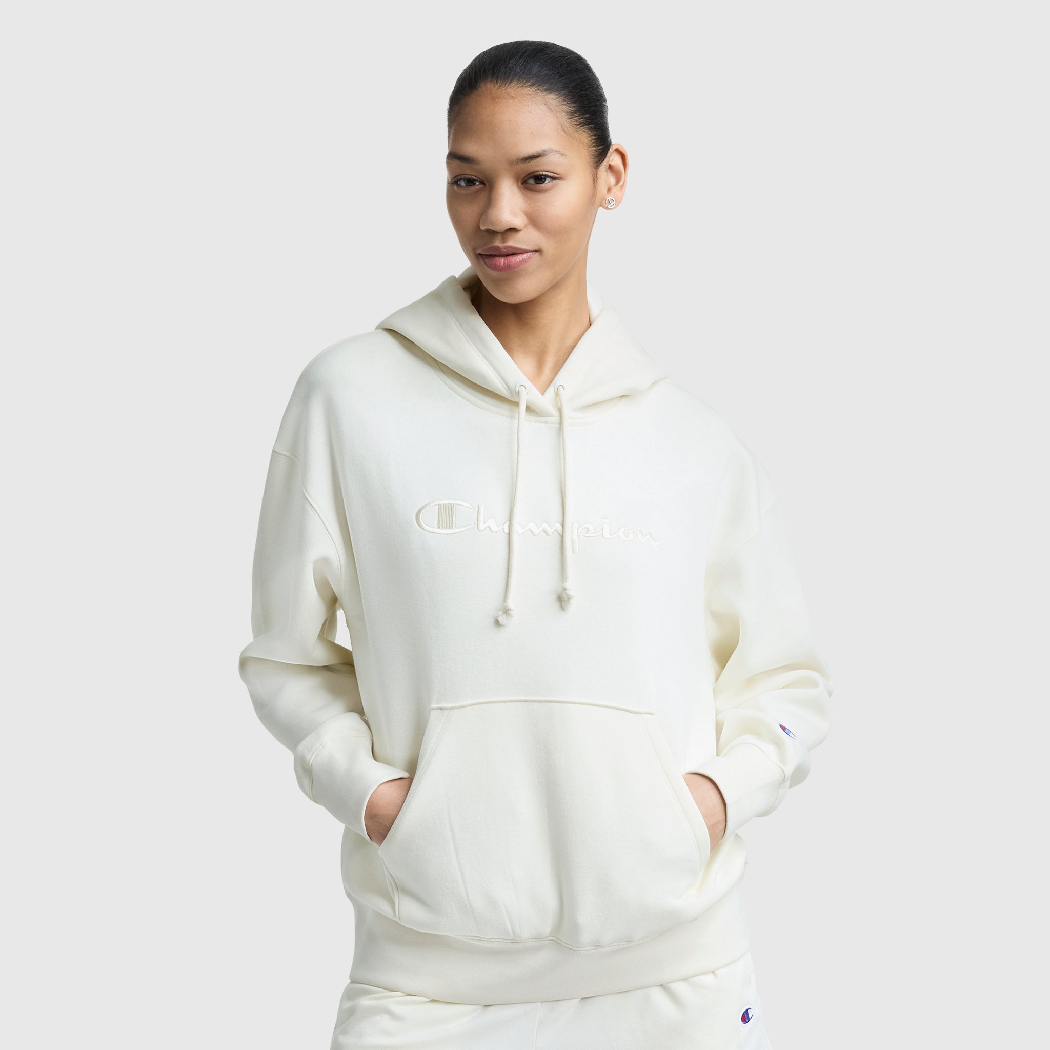 Champion Powerblend Freshman Hoodie, Embroidered Script Logo - Unbleached Cotton