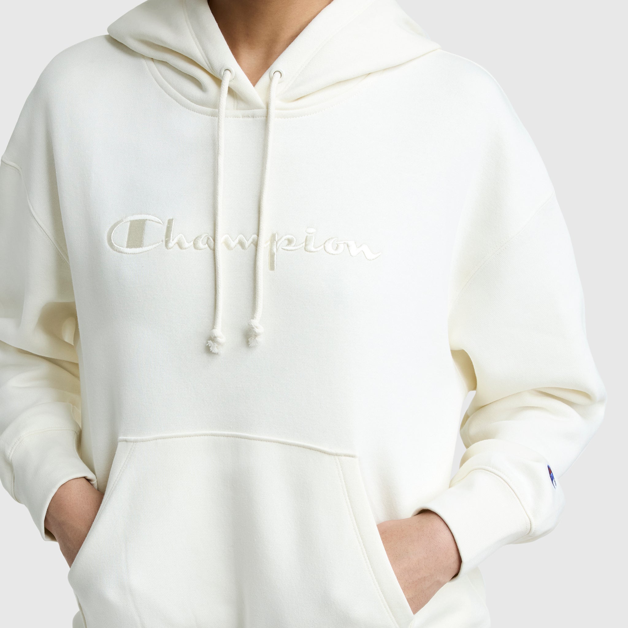 Champion Powerblend Freshman Hoodie, Embroidered Script Logo - Unbleached Cotton