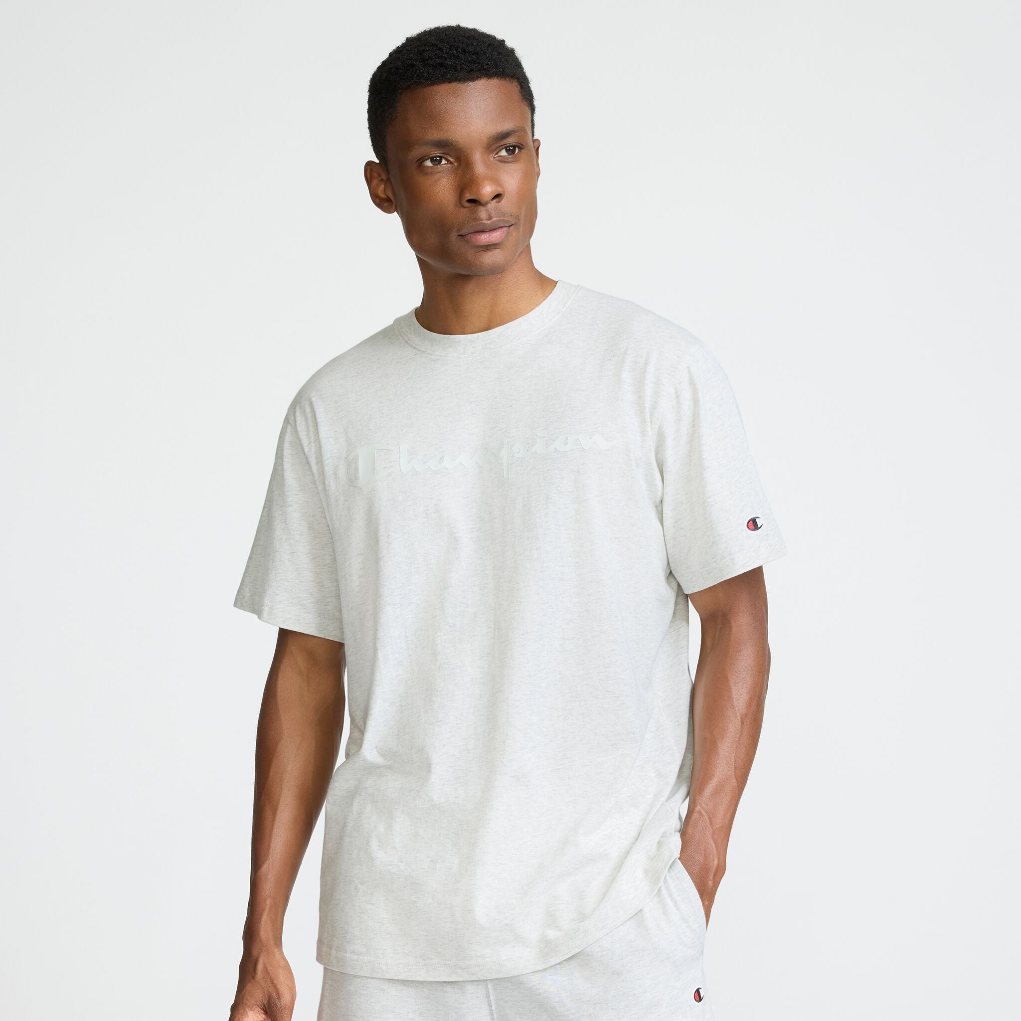 Champion Classic Graphic T-Shirt, Tonal Script Logo - Platinum Silver Heather