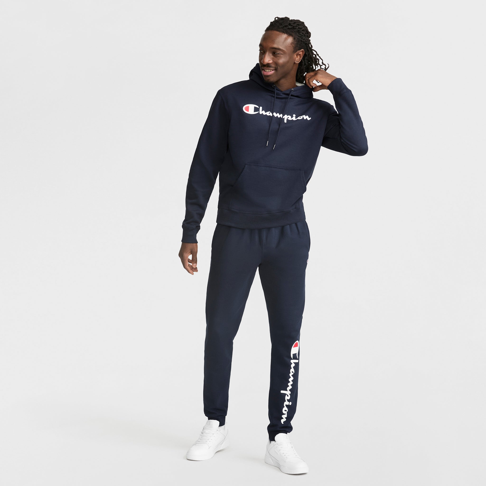 Champion Powerblend Hoodie, Full Script Logo - Deep Navy