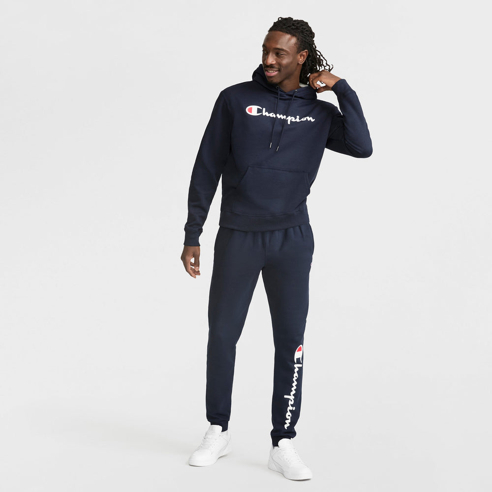 Champion Powerblend Hoodie, Full Script Logo - Deep Navy